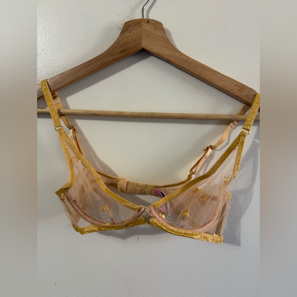 Agent Provocateur Sheer Pink Mesh Bra with Gold Glitter Trim